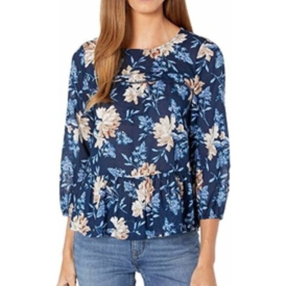 NWT Navy Blue Floral Print Lucky Brand Peplum Top. - Picture 4 of 6